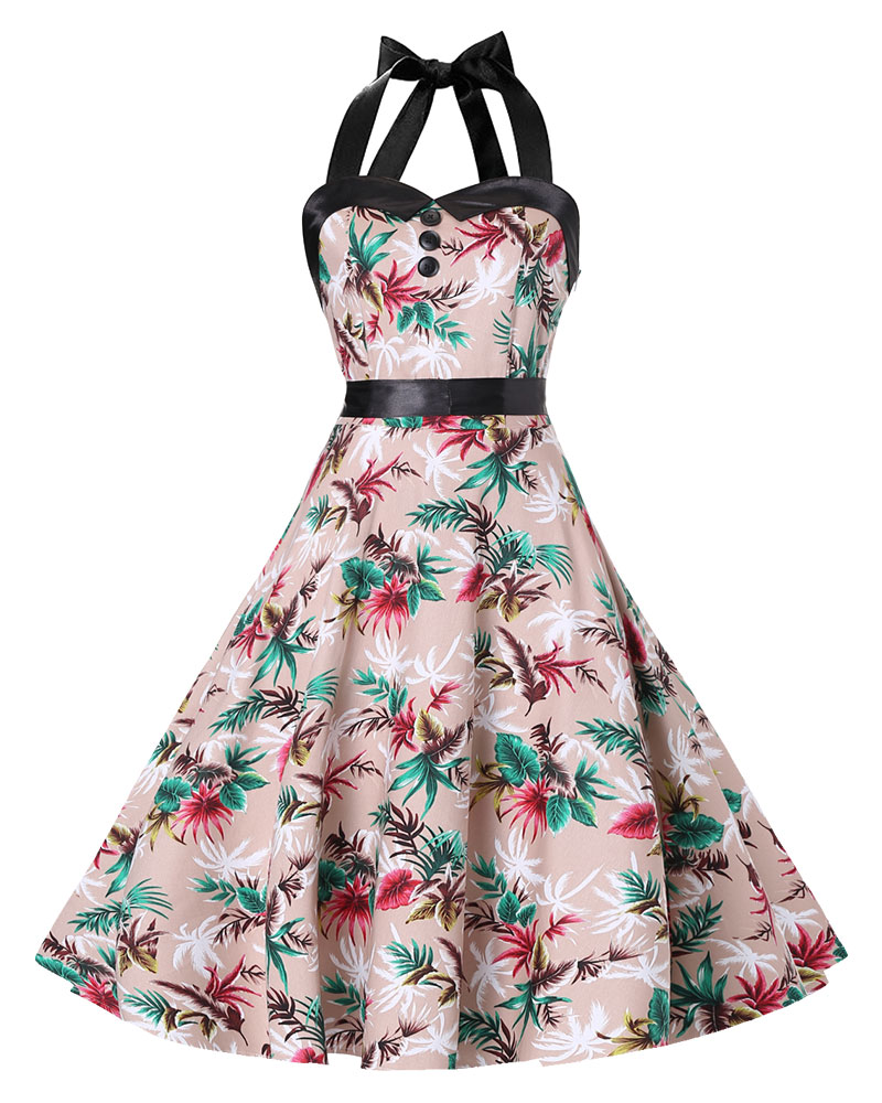 SZ60092-1 Vintage Halter Floral 50s Retro Rockabilly Swing Cocktail Prom Dress